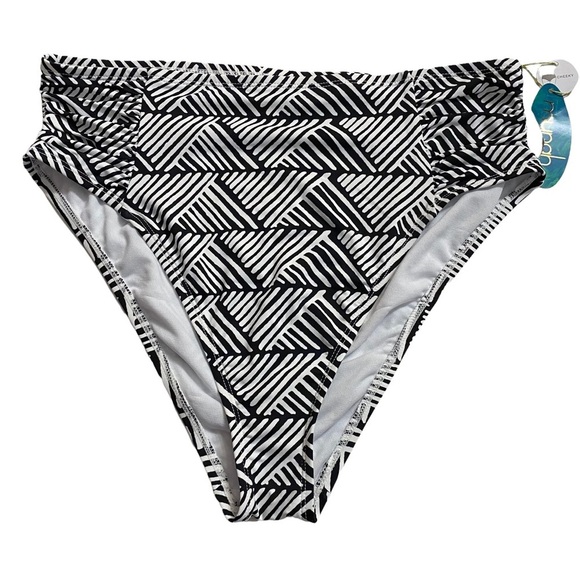 Mynah High Rise Black White Triangles Pattern Swim Bottoms Ruched Sides Large - Picture 1 of 13